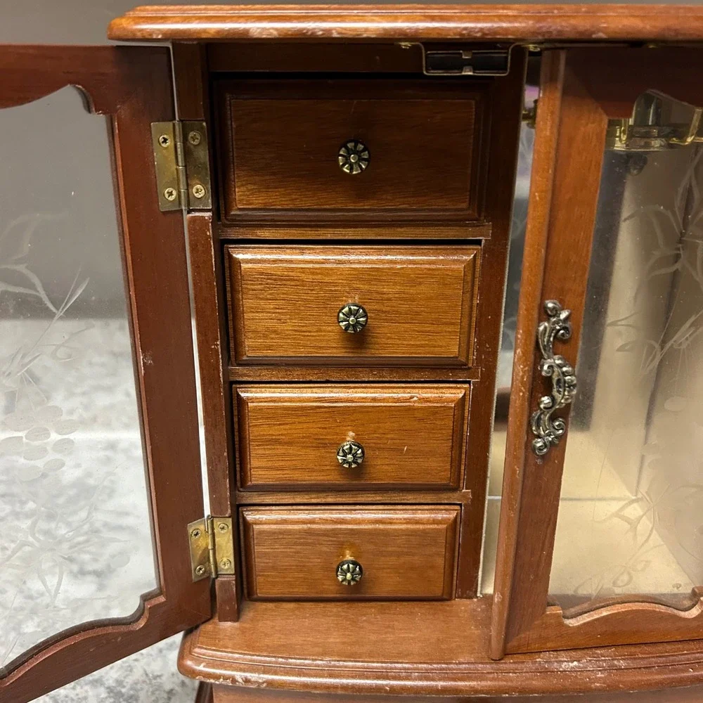 Vintage Wooden Jewelry Box Armoire Brown Vintage Etched Glass Necklace Carousel